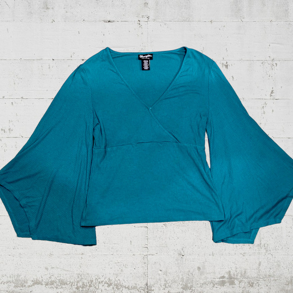 Wrangler Retro Teal Ribbed V-Neck Wrap Bell Sleeve Women's Blouse Size Medium - Picture 1 of 7